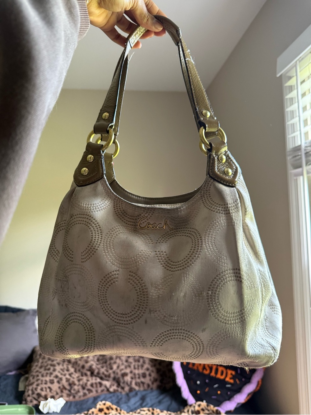 Coach Taupe Ring-Pattern Shoulder Bag with Tan Leather Handles